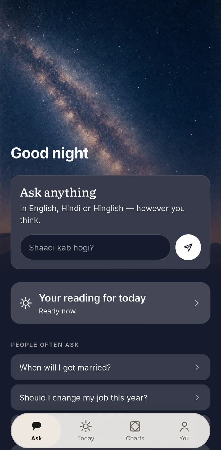 The Bansi Astro home screen on iPhone, showing the ask box over a night sky