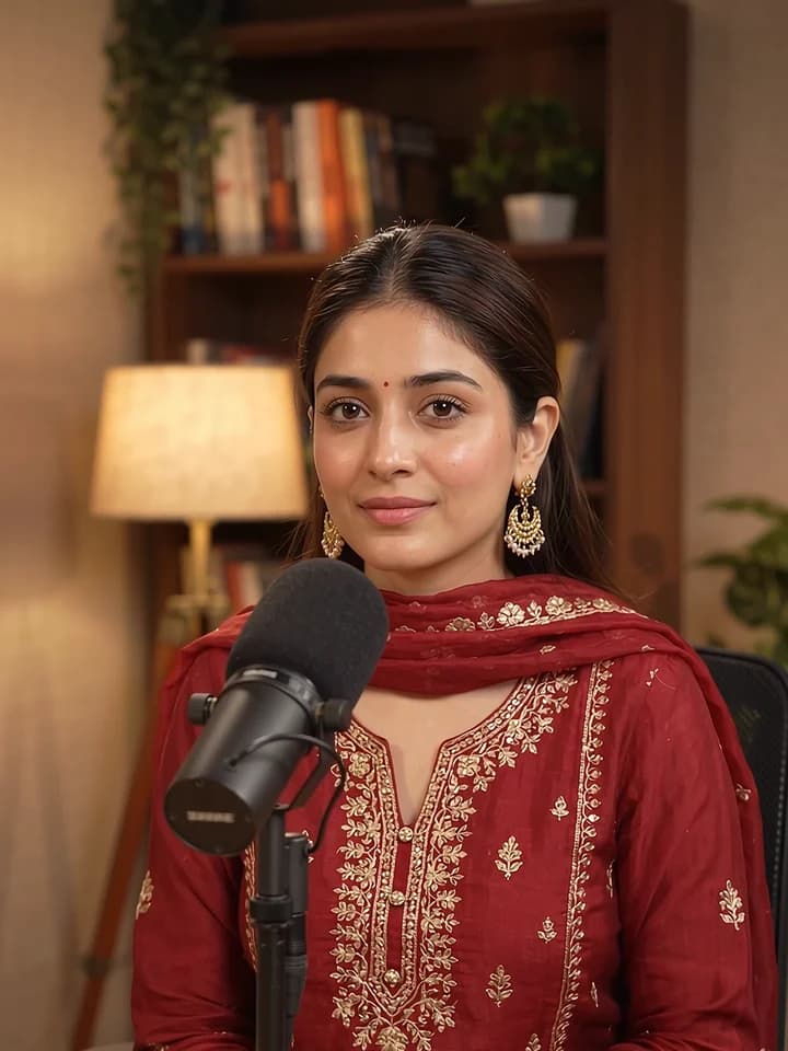 Vaani in a red silk outfit, seated in a warm library